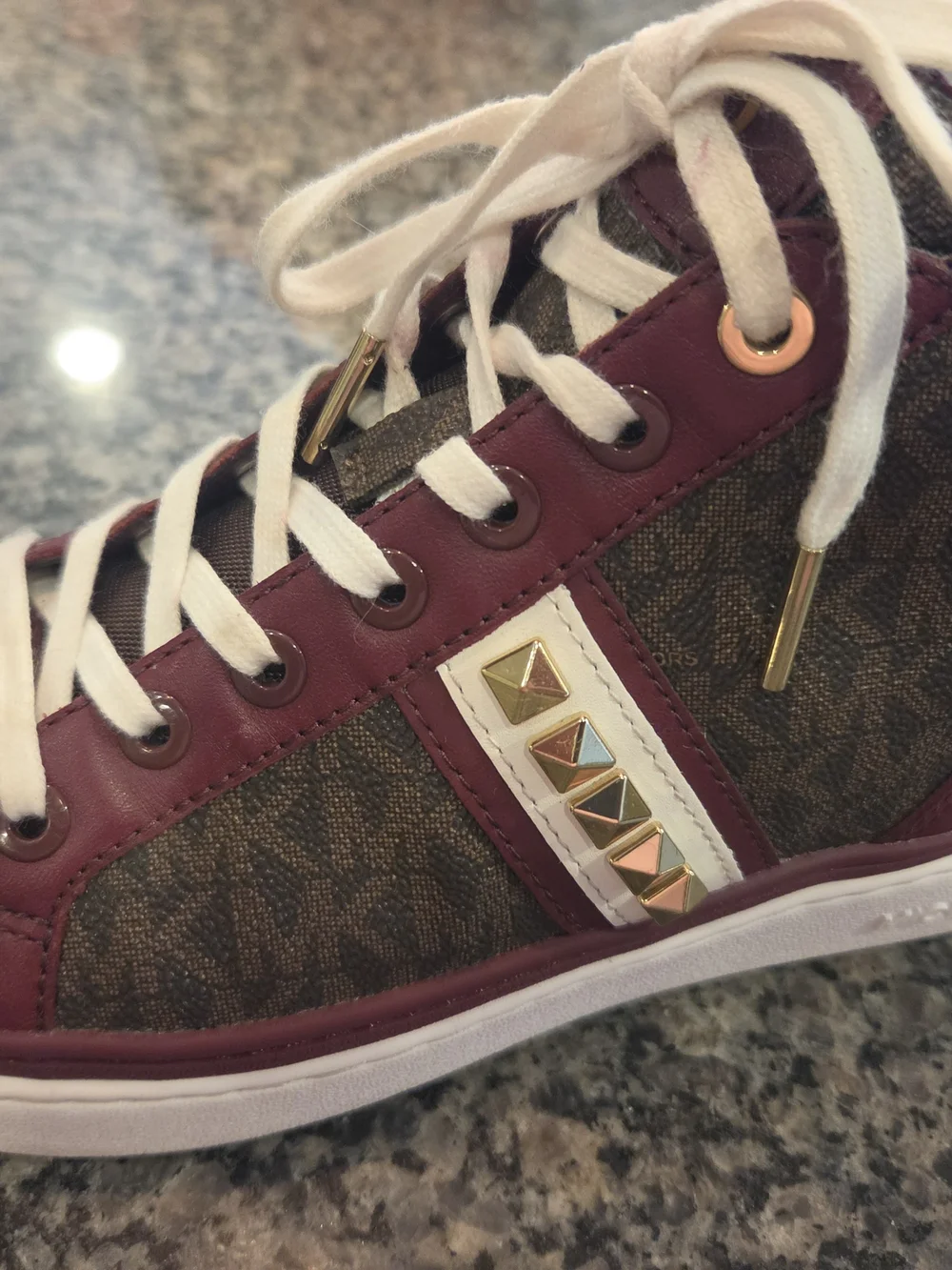 Women's High-Top Sneakers in Burgundy and Brown with Gold Stud Detail